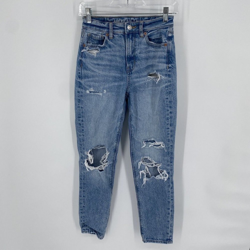 American Eagle jeans women’s 00 blue mom high rise denim distressed casual - Picture 1 of 7